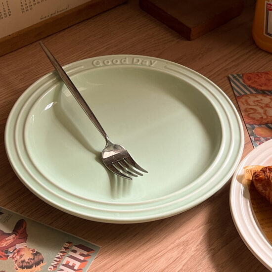 Cream embossed ceramic dessert and breakfast plate with letter design