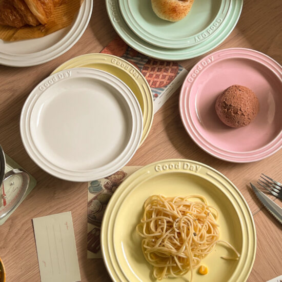 Cream embossed ceramic dessert and breakfast plate with letter design
