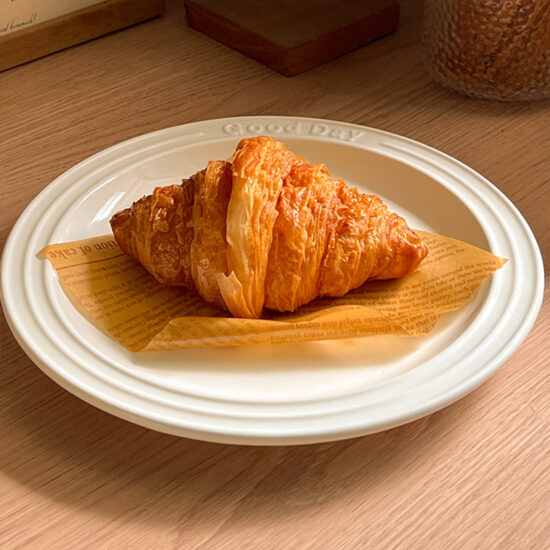 Cream embossed ceramic dessert and breakfast plate with letter design