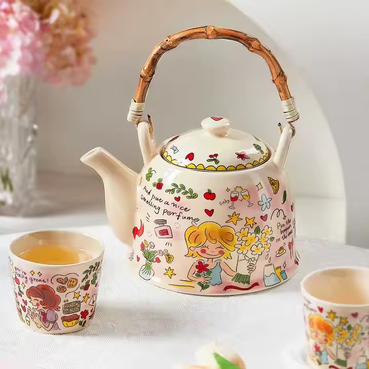 Cute Cartoon Ceramic Teapot with Printed Design for Tea and Gifts