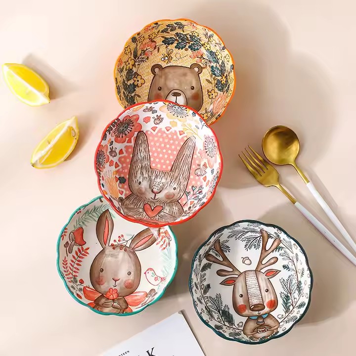 Cute animal cartoon ceramic bowl for children and family use with creative design
