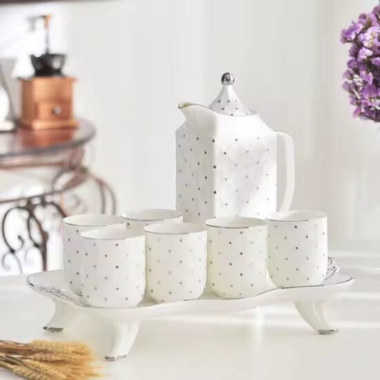 Custom colorful ceramic teapot set with matching cups and tray