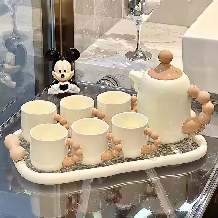Custom colorful ceramic teapot set with matching cups and tray