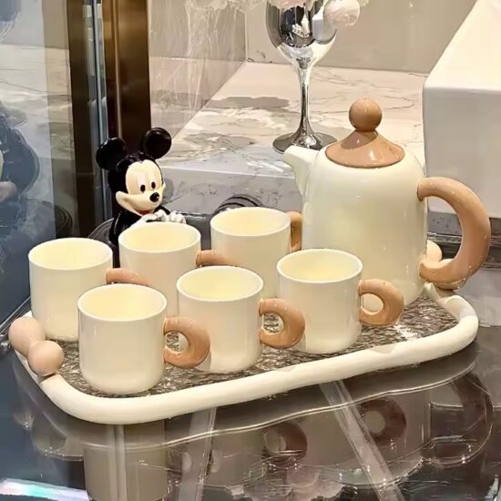 Custom colorful ceramic teapot set with matching cups and tray