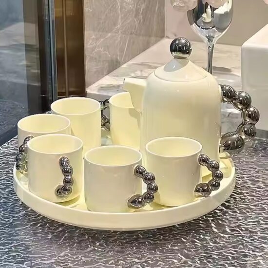 Custom colorful ceramic teapot set with matching cups and tray