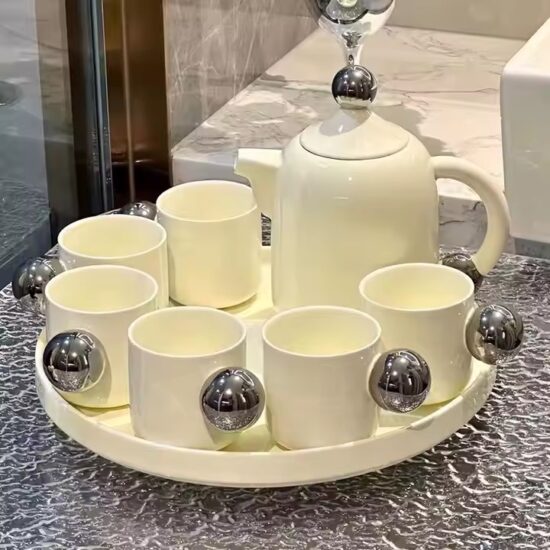 Custom colorful ceramic teapot set with matching cups and tray