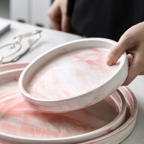 Nordic ceramic dinner plate with marble and ink pattern