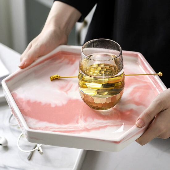 Nordic ceramic dinner plate with marble and ink pattern
