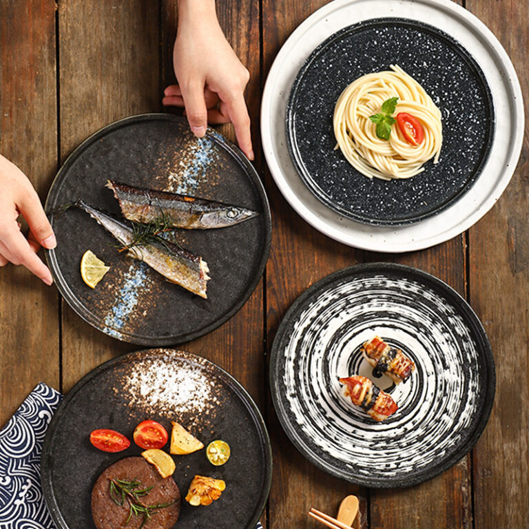 Stone-textured ceramic steak and pasta plate for home or restaurant
