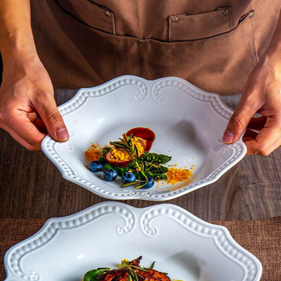French-style embossed ceramic dessert and dinner plate in white