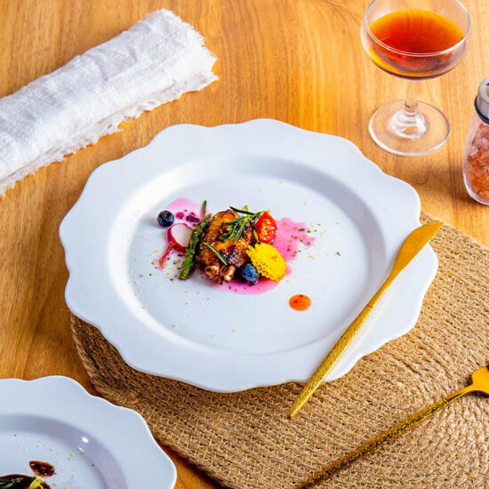 French-style embossed ceramic dessert and dinner plate in white