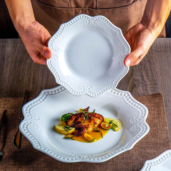 French-style embossed ceramic dessert and dinner plate in white