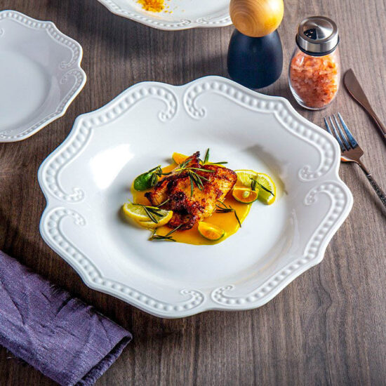 French-style embossed ceramic dessert and dinner plate in white