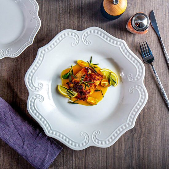 French-style embossed ceramic dessert and dinner plate in white