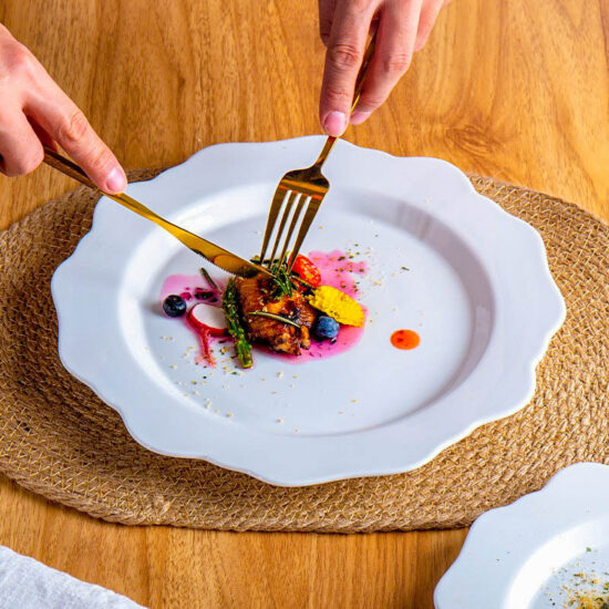 French-style embossed ceramic dessert and dinner plate in white