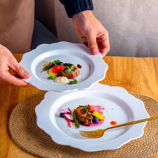 French-style embossed ceramic dessert and dinner plate in white