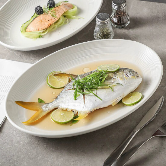 Japanese style ceramic steamed fish plate for home or restaurant use