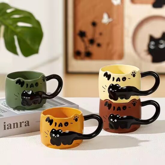 Cartoon embossed cat ceramic coffee mug for home and wholesale