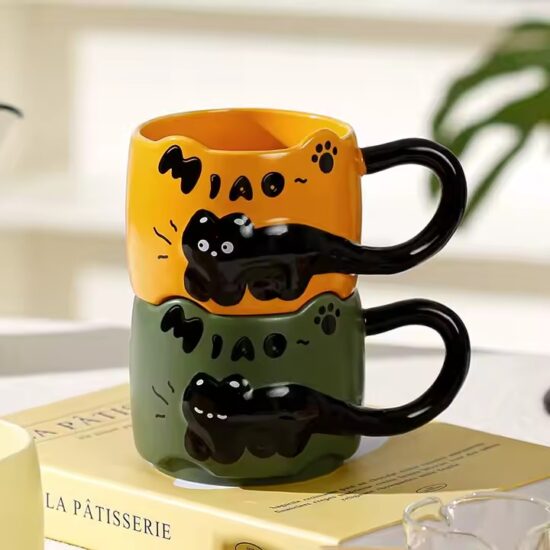 Cartoon embossed cat ceramic coffee mug for home and wholesale