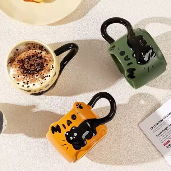 Cartoon embossed cat ceramic coffee mug for home and wholesale
