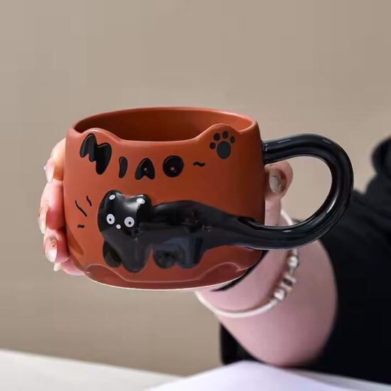 Cartoon embossed cat ceramic coffee mug for home and wholesale