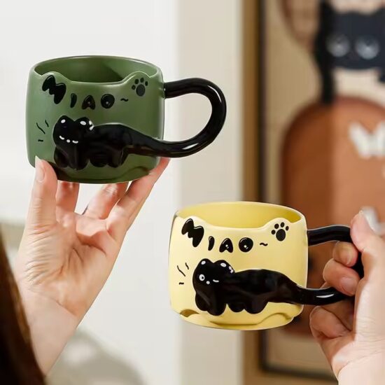 Cartoon embossed cat ceramic coffee mug for home and wholesale