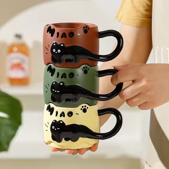 Cartoon embossed cat ceramic coffee mug for home and wholesale