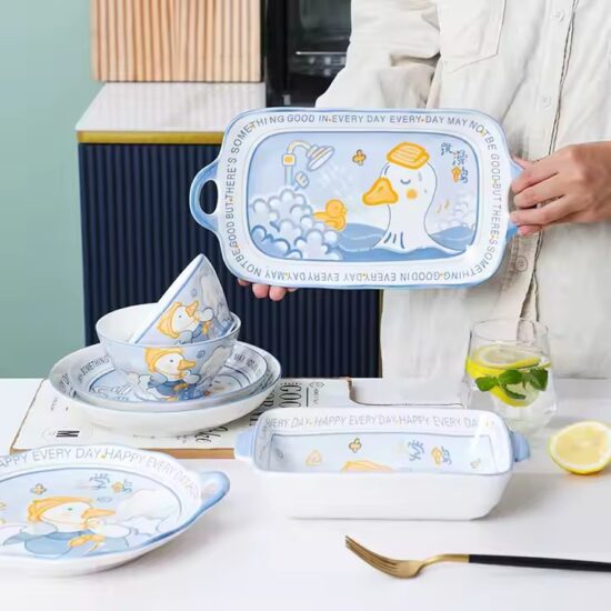 New Cute Cartoon Ceramic Kids Dinnerware Set – Fun Animal Design Plates and Bowls
