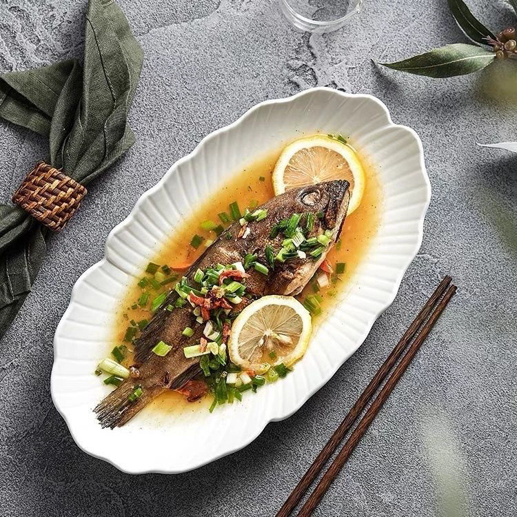 Luxury long ceramic plate for steamed fish and creative food presentation
