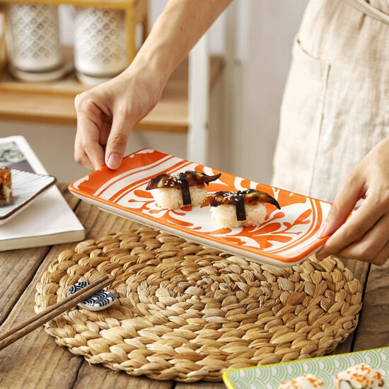 Delicate red flower square ceramic sushi plate for restaurant use