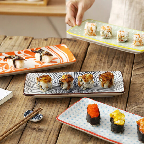 Delicate red flower square ceramic sushi plate for restaurant use