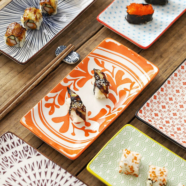 Delicate red flower square ceramic sushi plate for restaurant use