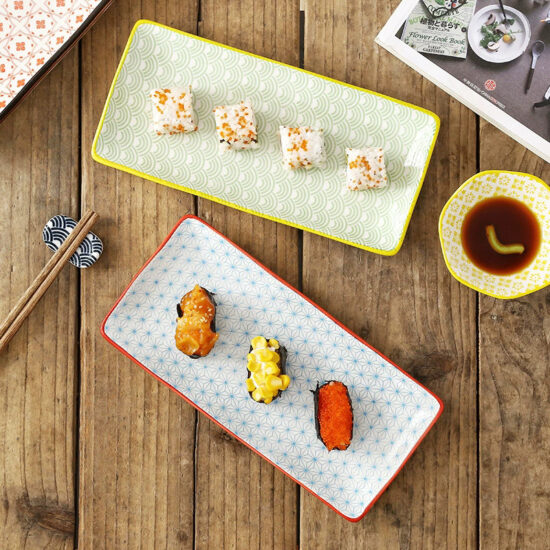 Delicate red flower square ceramic sushi plate for restaurant use