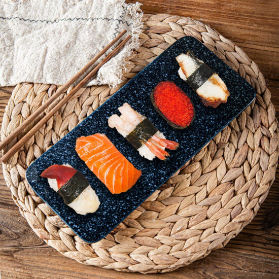 Japanese-style rectangular ceramic sushi plate
