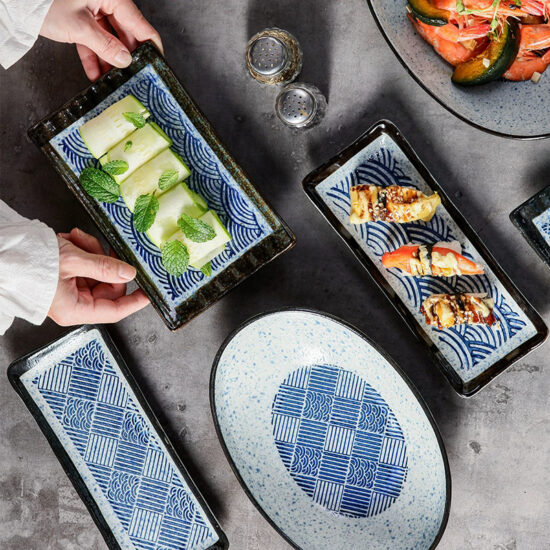 Japanese-style rectangular ceramic sushi plate