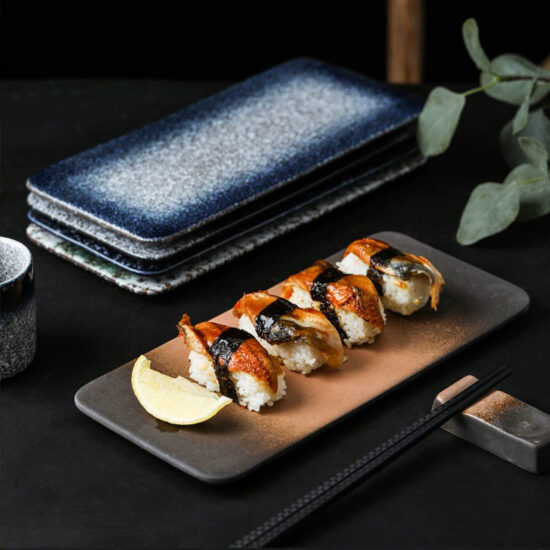 Japanese-style rectangular ceramic sushi plate