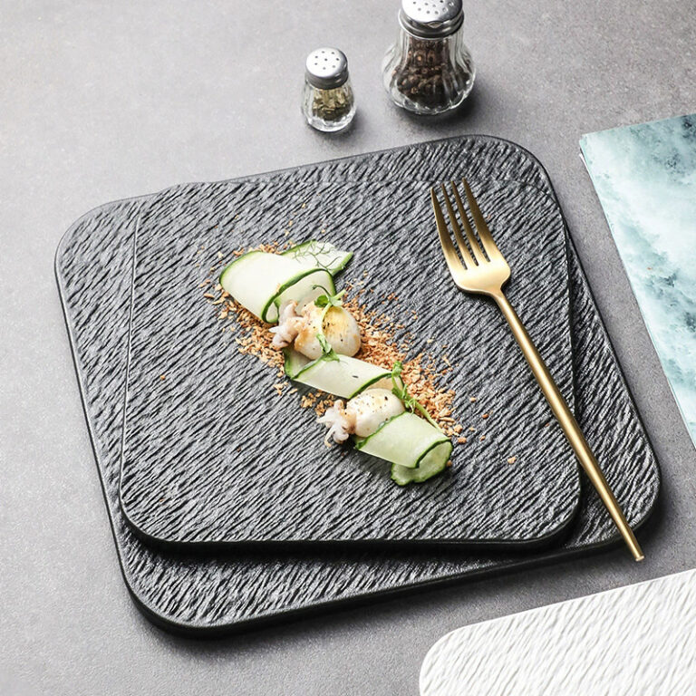 Rock textured ceramic square dinner plate for stylish Western cuisine