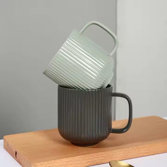 Modern ceramic mug with embossed striped texture for everyday use
