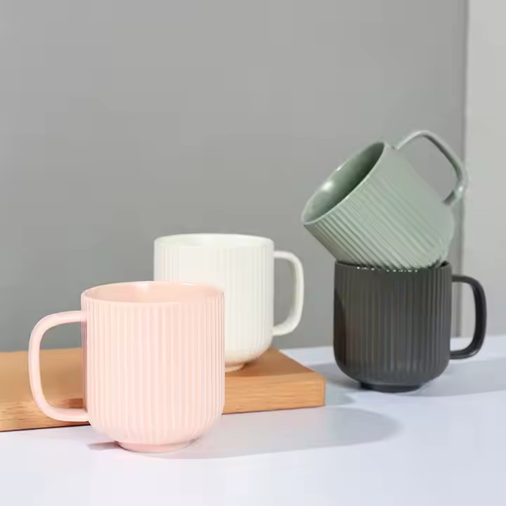 Modern ceramic mug with embossed striped texture for everyday use