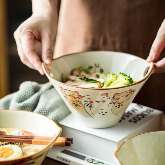 Custom handmade cartoon ceramic rice bowl with colorful animal design