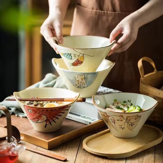 Custom handmade cartoon ceramic rice bowl with colorful animal design