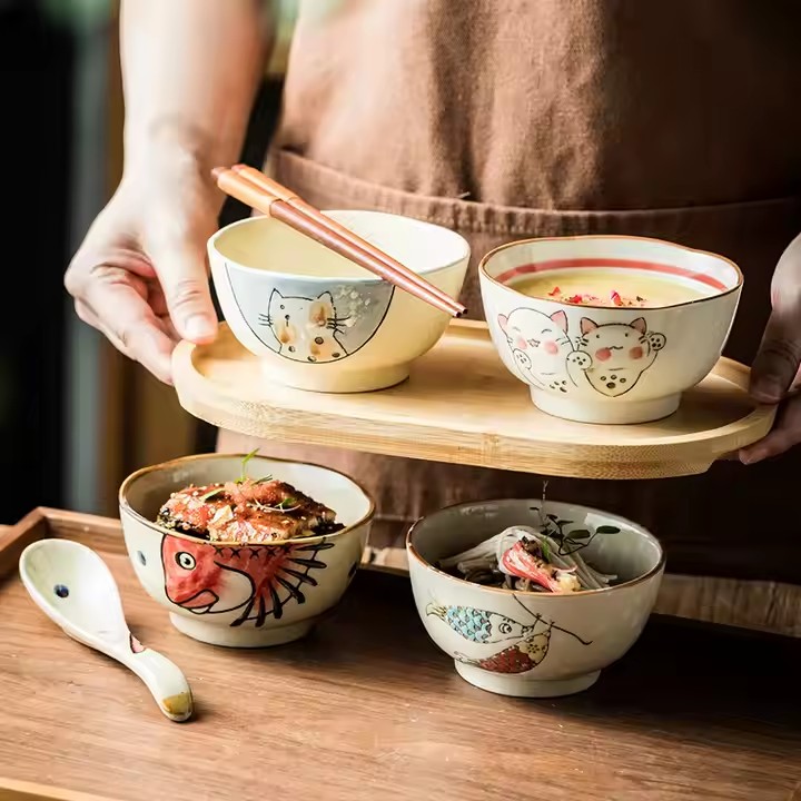 Custom handmade cartoon ceramic rice bowl with colorful animal design