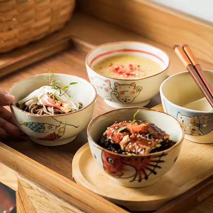 Custom handmade cartoon ceramic rice bowl with colorful animal design