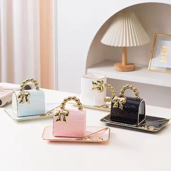 Luxury ceramic mug with creative bowknot handbag shape for custom gifting