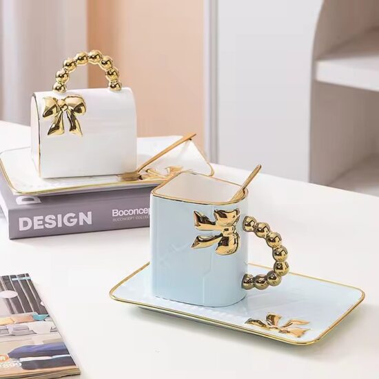 Luxury ceramic mug with creative bowknot handbag shape for custom gifting