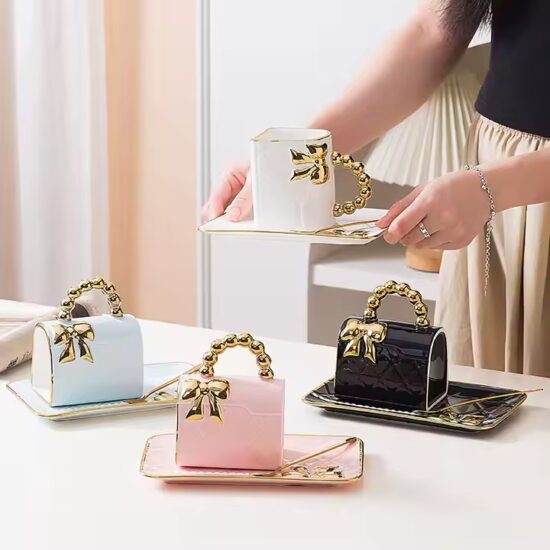 Luxury ceramic mug with creative bowknot handbag shape for custom gifting