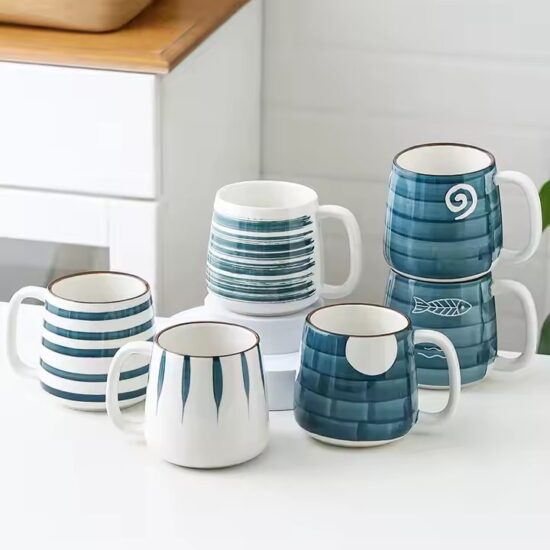 Modern ceramic coffee cup with glossy finish and ergonomic handle design