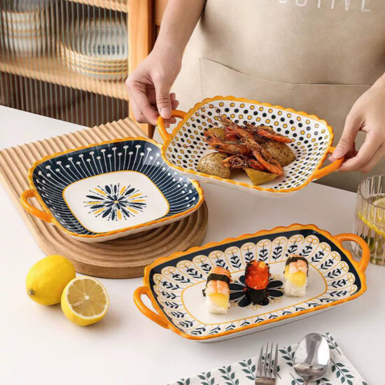 Nordic square ceramic plate with dual handles for modern dining