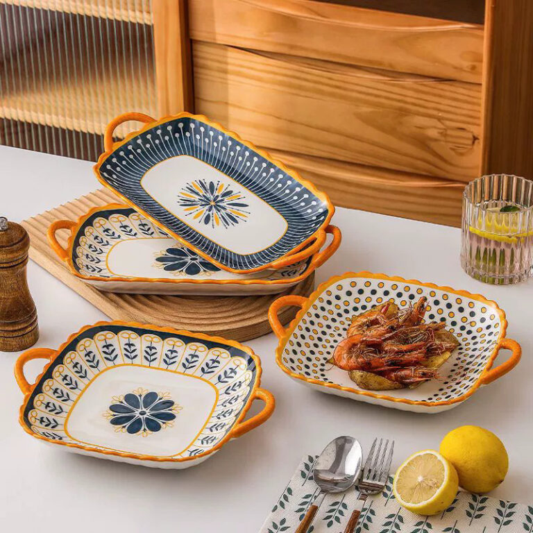 Nordic square ceramic plate with dual handles for modern dining