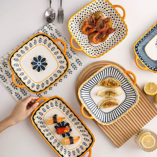 Nordic square ceramic plate with dual handles for modern dining